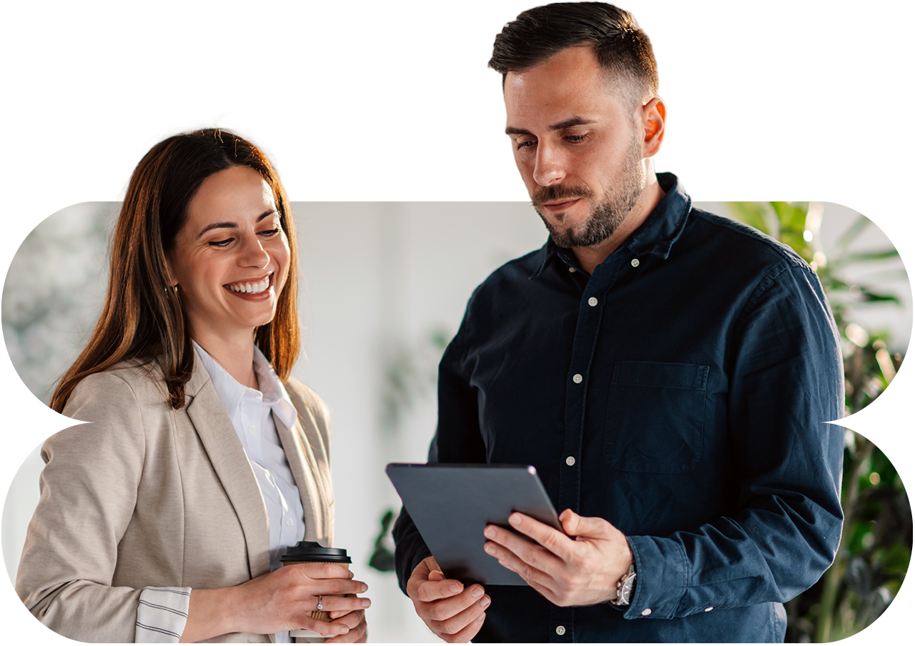 Close-up image of a business professional using a data and analytics dashboard on their tablet computer.