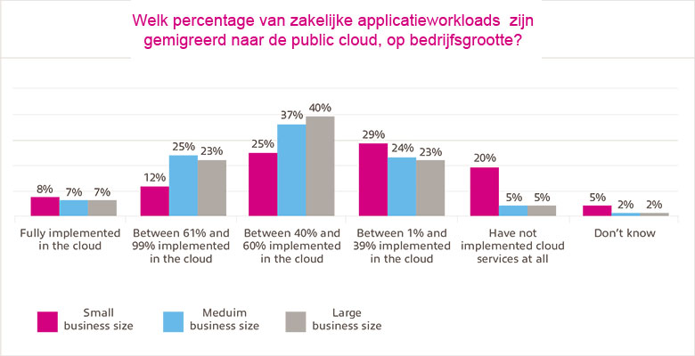 Welk percentage van zakelijke applicatieworkloads zijn gemigreerd naar de public cloud, op bedrijfsgrootte