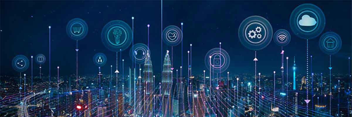 Een stad met pictogrammen van cloudcomputing