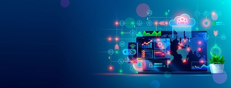 Tekening van een laptop en cloudapplicaties