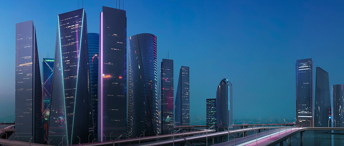 Wolkenkrabbers langs een snelweg