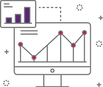 Tekening van een desktop PC met grafieken