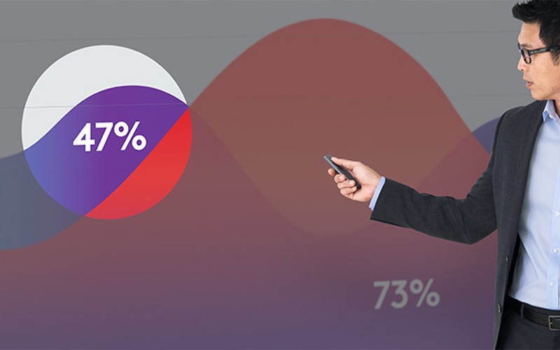 Een zakenman gebruikt een Logitech presenter